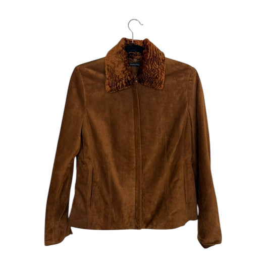 Brown suede faux fur collar jacket